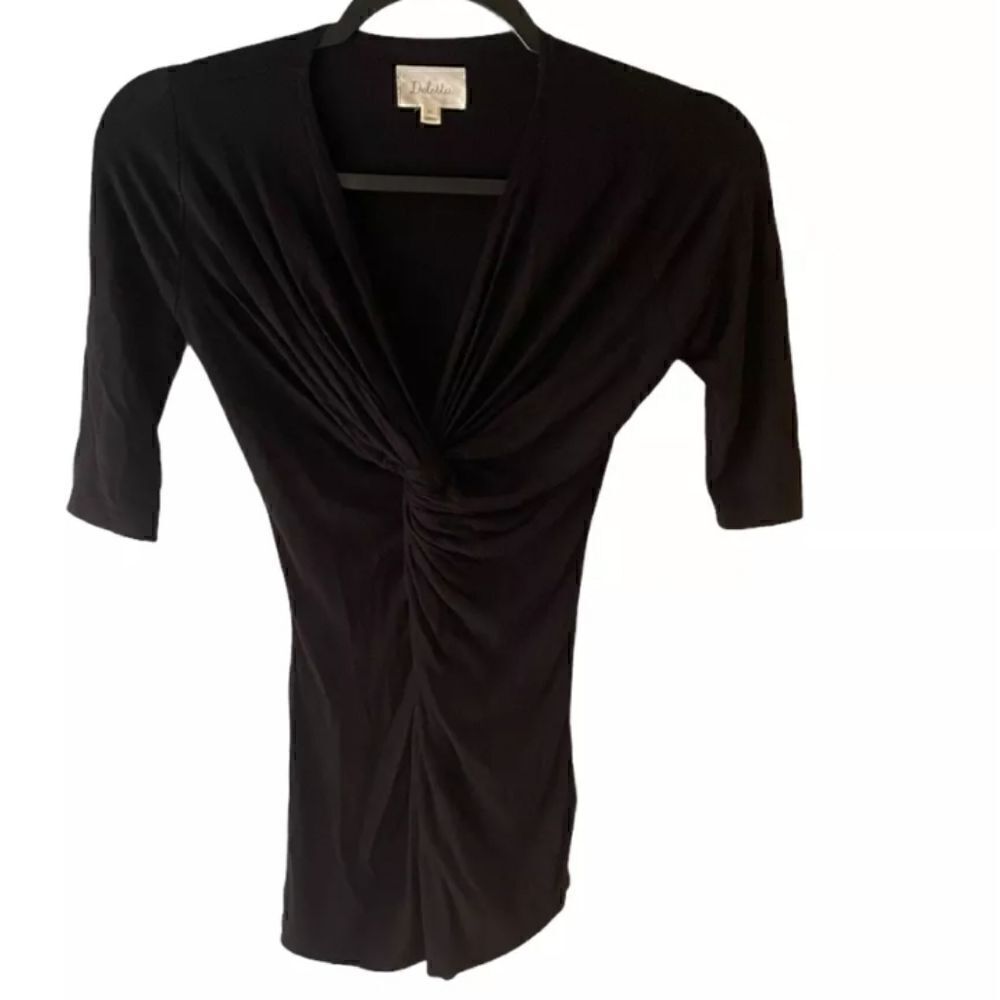 Anthropologie Deletta V Neck Wrap Top with Short Sleeves Sz XSMALL Black - Picture 11 of 11
